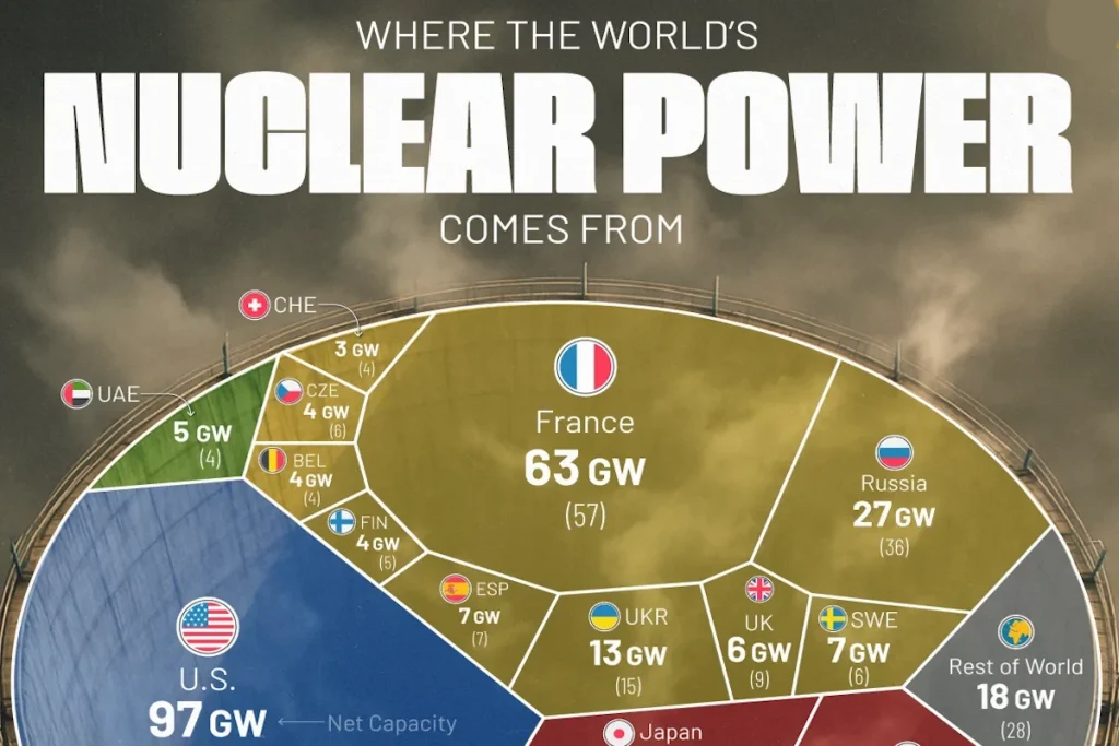 کشورهای با بالاترین ظرفیت تولید برق هستهای در ۲۰۲۵ و تعداد رآکتور هر کدام