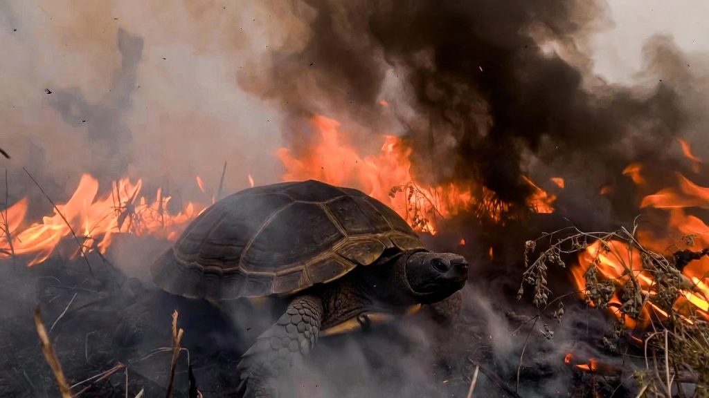 فرار معجزه‌آسای لاک‌پشت از آتش؛ نجات دقیقه نودی از میان شعله‌ها