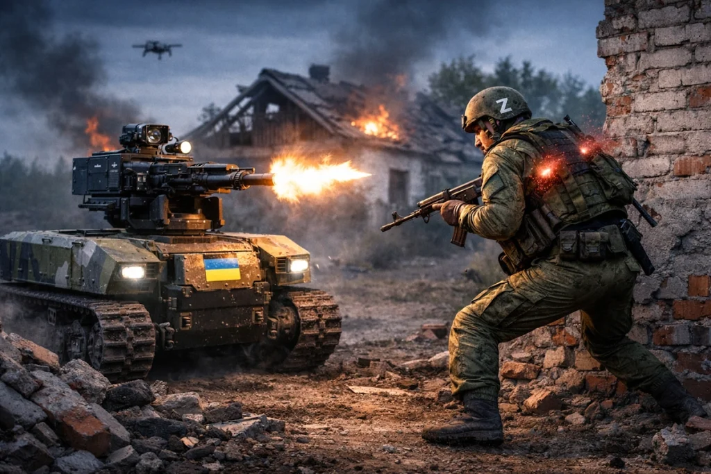 رویارویی ربات مسلسل‌دار اوکراینی با سرباز روسی در شهر ویران شده